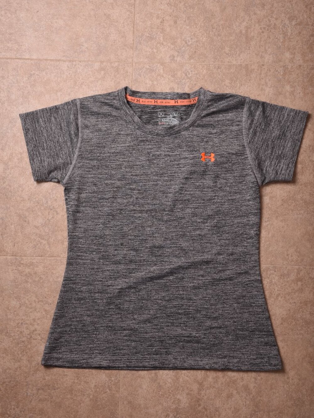 Under Armour UA Tech Charcoal Grey Athletic Tee w/ Orange Logo, Size Medium